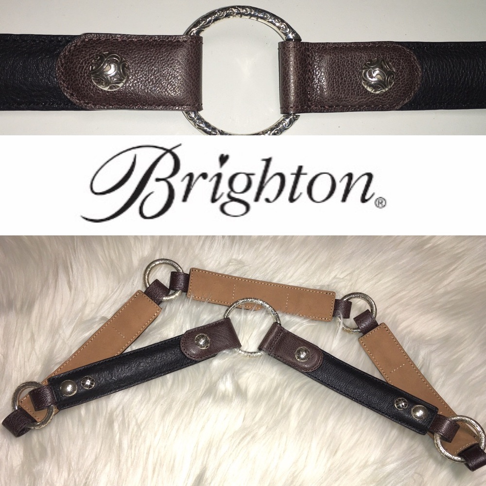 BRIGHTON brown & black leather silver link belt